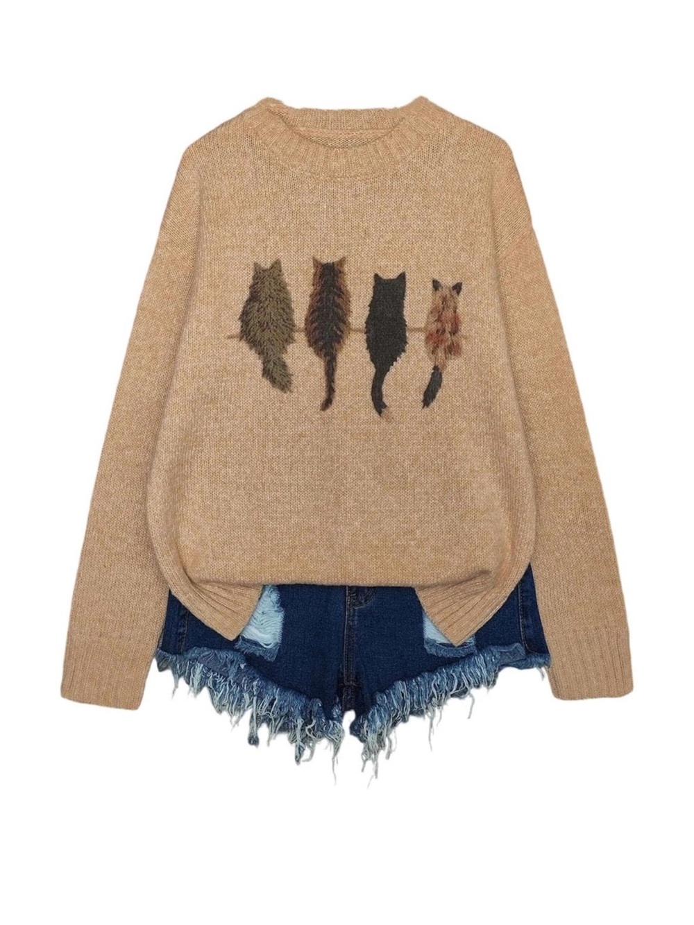 Women'S Cat Graphic Sweater Long Sleeve Crew Neck Knit Tops Casual Knitwear